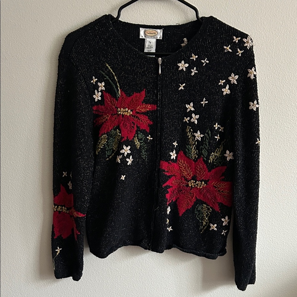 Talbots Holiday Black/Red Floral Festive Poinsettad Full Zip Cardigan M Sweater